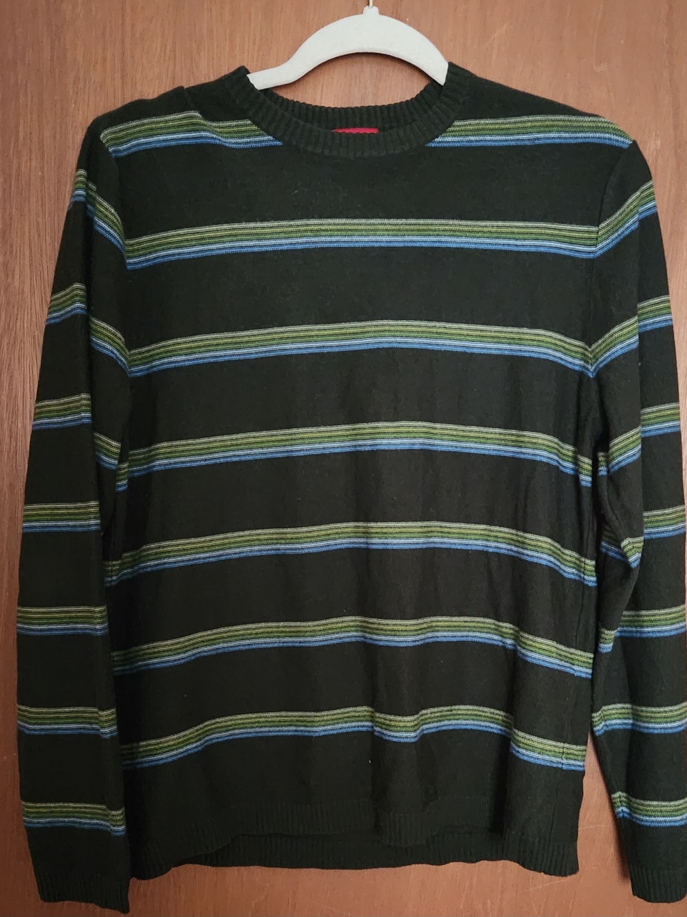 Men's Black Crewneck Sweater with Olive and Blue Stripes